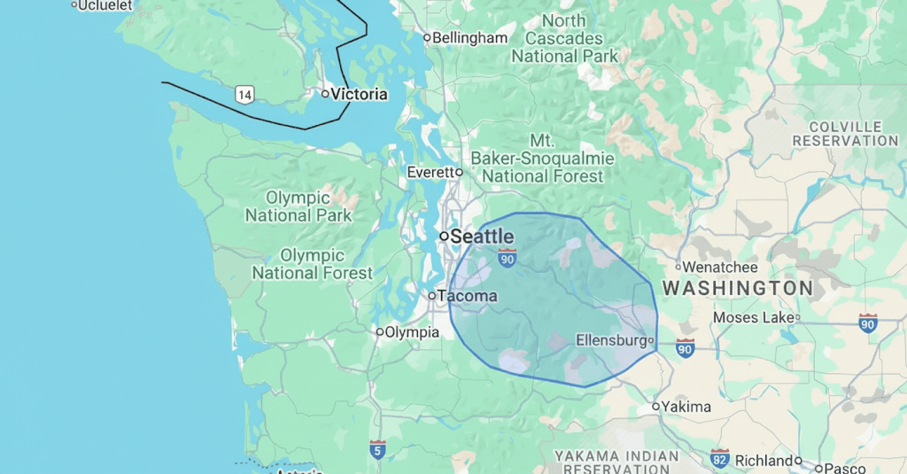 Valley Mobile Wash Service Area Map - Serving King County and Kittitas County, Washington